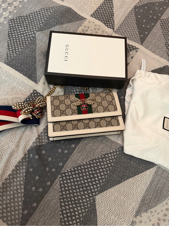 Gucci Handbags - Gucci Beige GG Supreme Shoulder Bag with Red and Green Stripe and Pearl Bee